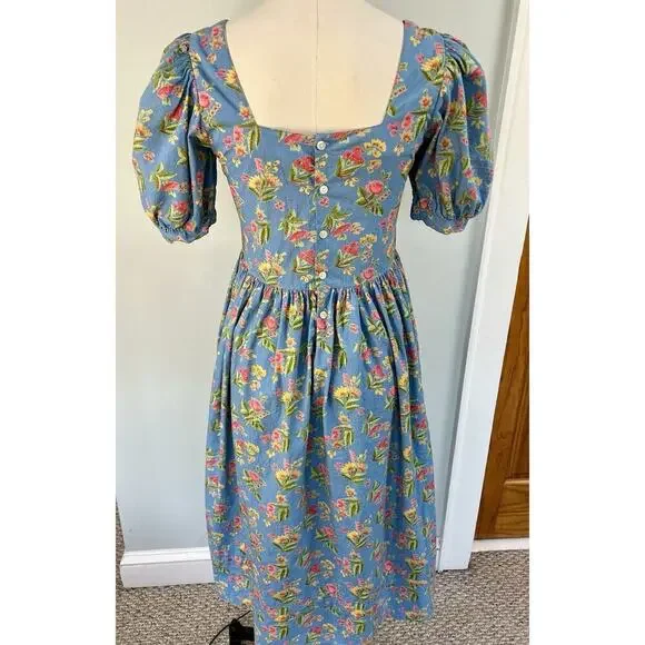 VTG Komil Honolulu Dress Square Neck MIDI Blue Floral A-line Puff Sleeves SM - Picture 6 of 11